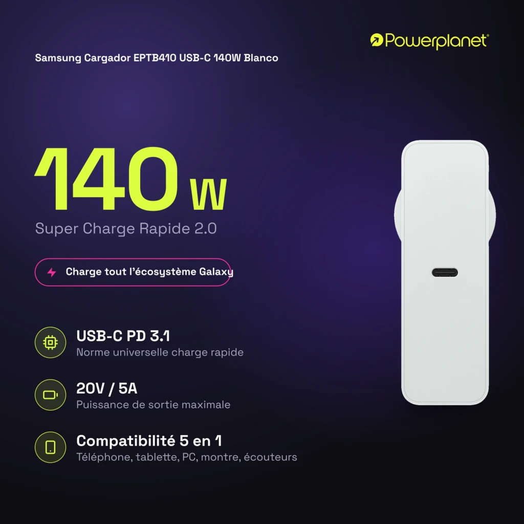 Cargador Samsung EPTB410 USB-C 140W Branco, adaptador de tomada europeu, corpo compacto branco com porta USB-C lateral e ícone Super Fast Charging - Item1