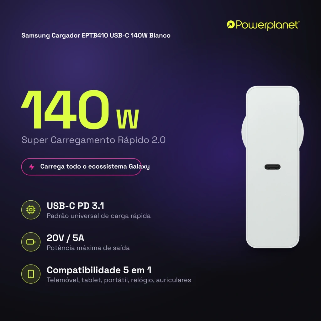 Cargador Samsung EPTB410 USB-C 140W Branco, adaptador de tomada europeu, corpo compacto branco com porta USB-C lateral e ícone Super Fast Charging - Item3