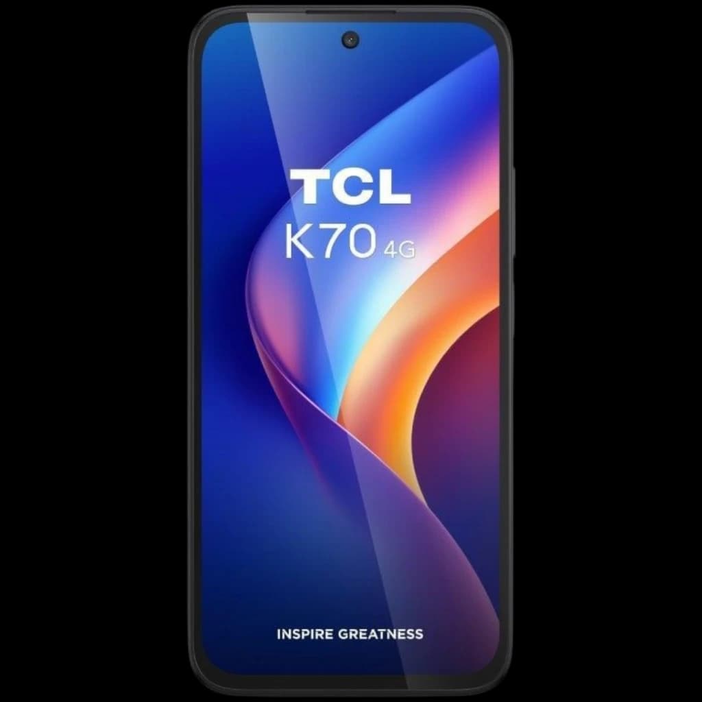 Écran du TCL K70 4G bleu avec dalle 120 Hz bord à bord, poinçon central pour caméra frontale et inscription Inspire Greatness en bas