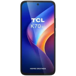 Écran du TCL K70 4G bleu avec dalle 120 Hz bord à bord, poinçon central pour caméra frontale et inscription Inspire Greatness en bas