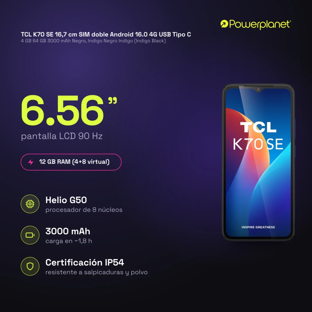 TCL K70 SE 4G 64 GB Preto Índigo com tela notch em V, traseira fosca texturizada, câmera dupla com aro azul, 4 GB RAM e bateria 3000 mAh - Item3