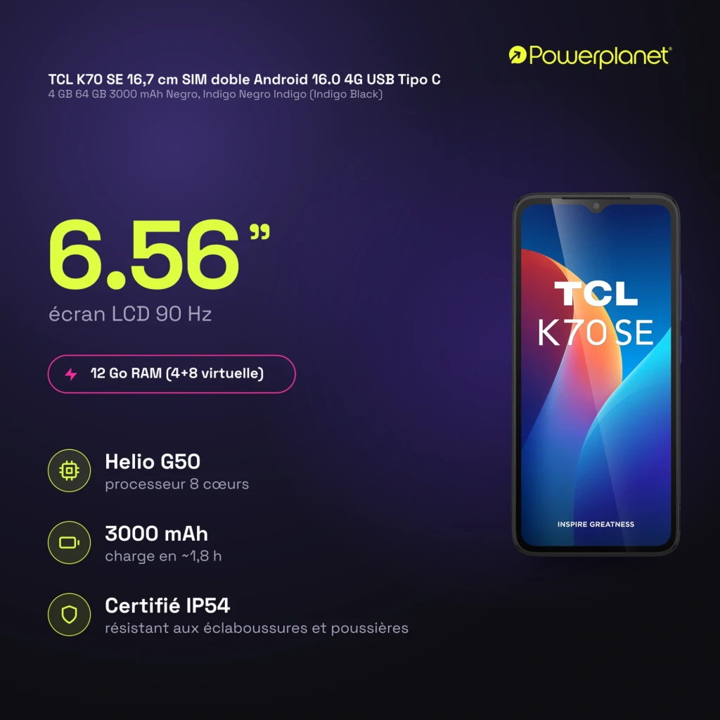 TCL K70 SE 4G 64 GB Preto Índigo com tela notch em V, traseira fosca texturizada, câmera dupla com aro azul, 4 GB RAM e bateria 3000 mAh - Item2