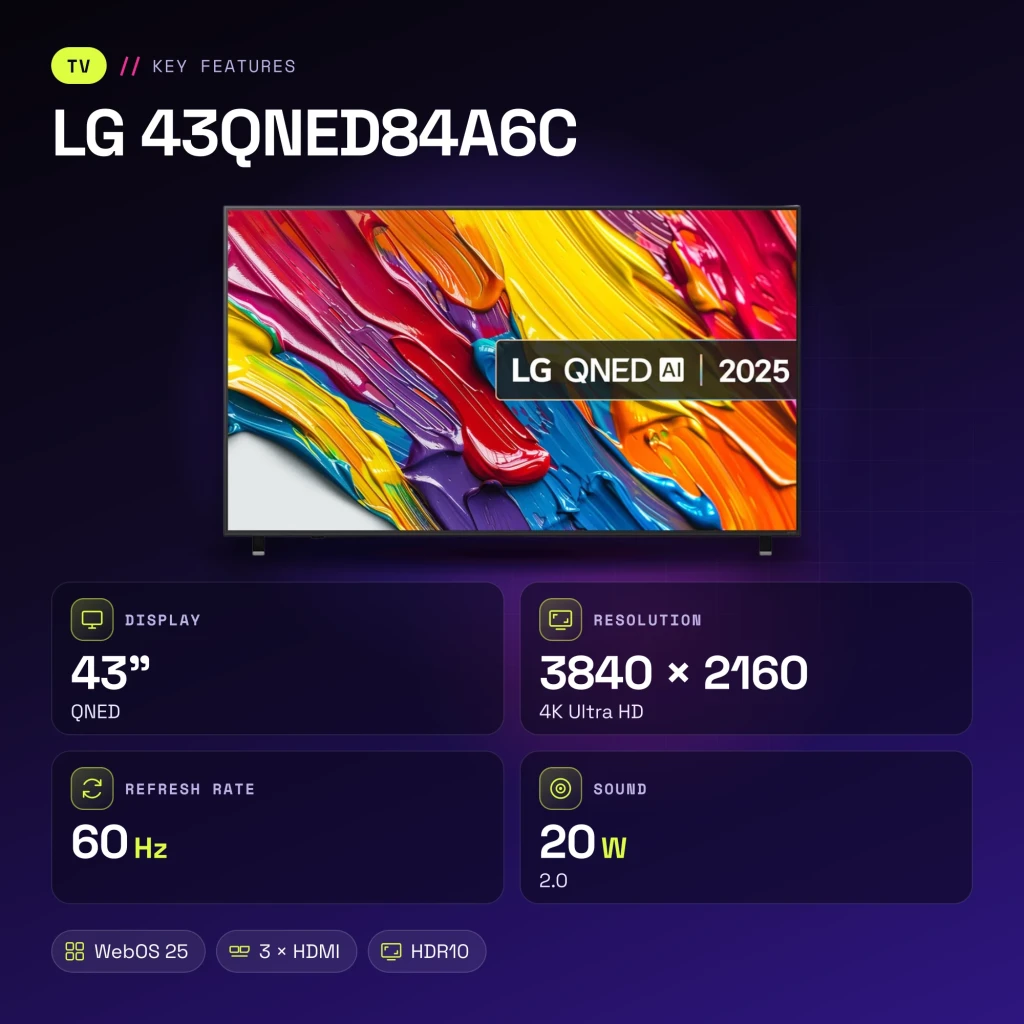 TV LG 43 pulgadas QNED 4K WebOS 25 Negro 43QNED84A6C - características