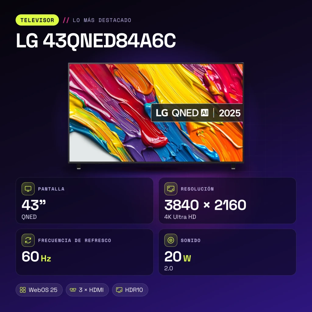 TV LG 43 pulgadas QNED 4K WebOS 25 Negro 43QNED84A6C - características