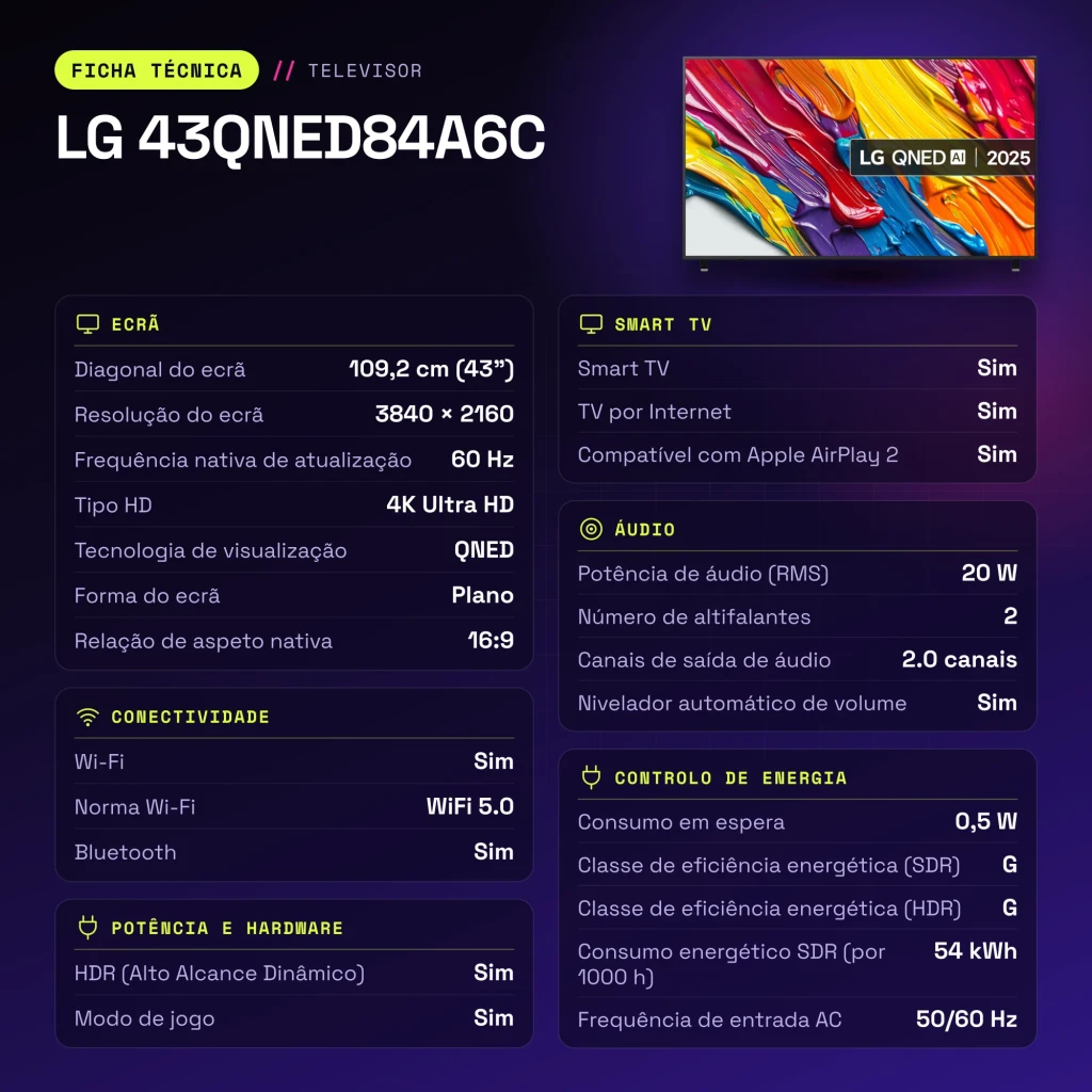 TV LG 43 pulgadas QNED 4K WebOS 25 Negro 43QNED84A6C - características