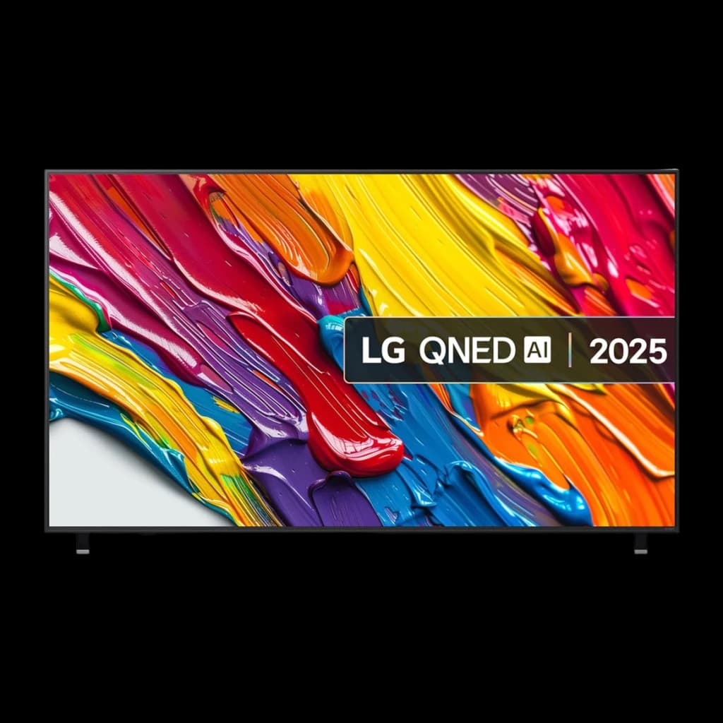 TV LG 43 pulgadas QNED 4K WebOS 25 Negro 43QNED84A6C, vista frontal: pantalla con pinceladas de colores vivos y logo LG QNED