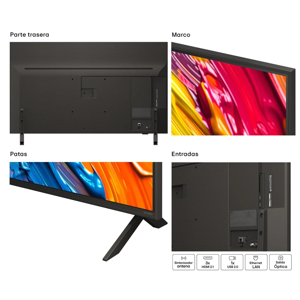 TV LG 43 pulgadas QNED 4K WebOS 25 Negro 43QNED84A6C, detalles: parte trasera, marco fino, pata y puertos HDMI USB Ethernet