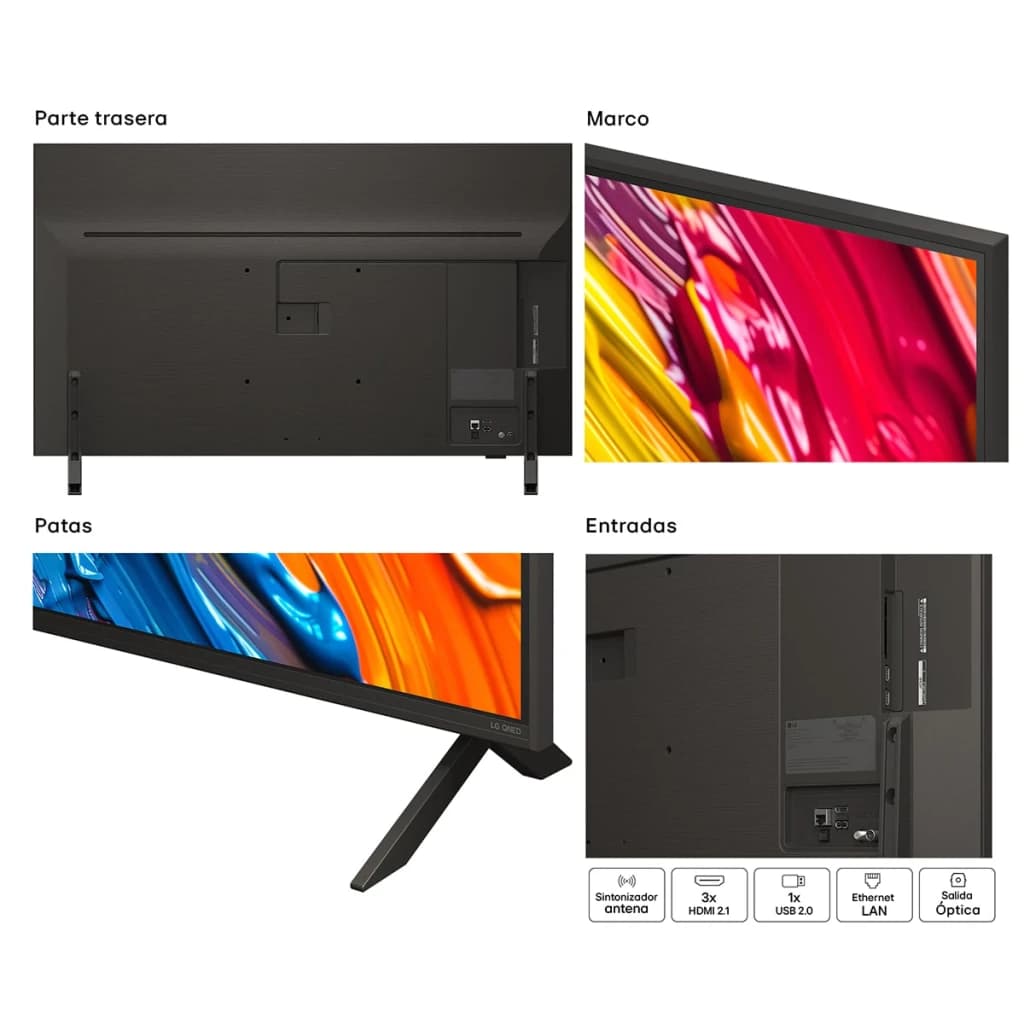 TV LG 43 pulgadas QNED 4K WebOS 25 Negro 43QNED84A6C, detalles: parte trasera, marco fino, pata y puertos HDMI USB Ethernet