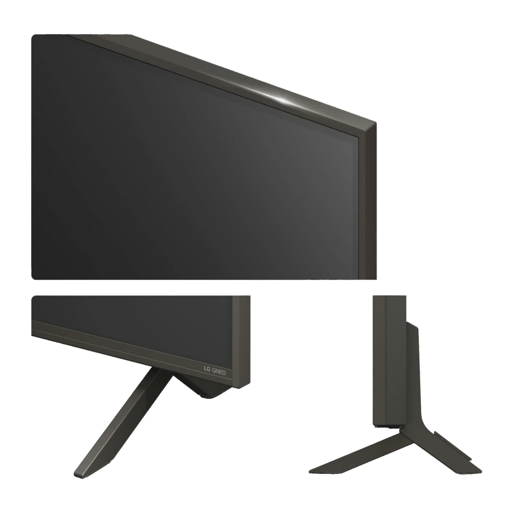 TV LG 43 pulgadas QNED 4K WebOS 25 Negro 43QNED84A6C, vistas múltiples: ángulo lateral, frontal inferior y perfil