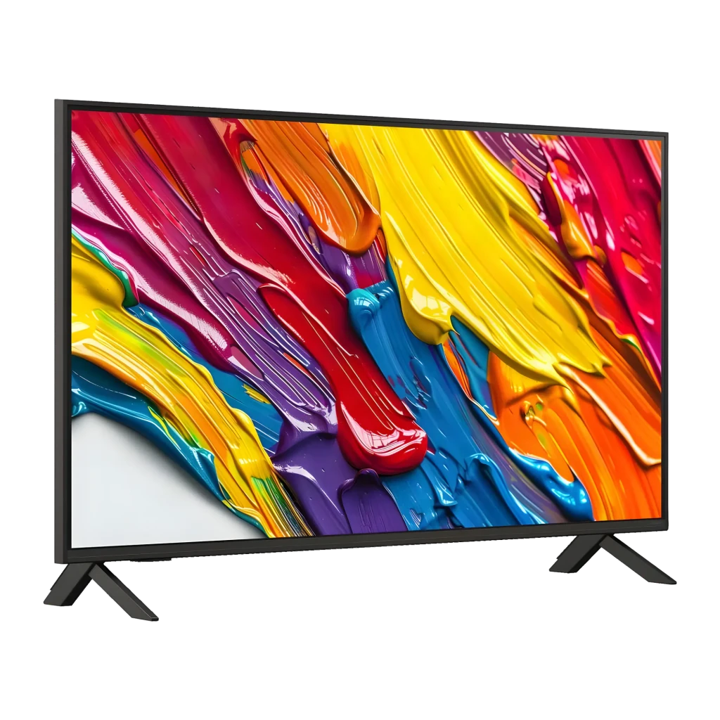 TV LG 43 pulgadas QNED 4K WebOS 25 Negro 43QNED84A6C, vista lateral: pantalla con pinceladas de colores vivos y marco fino