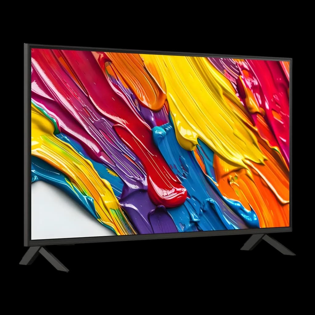 TV LG 43 pulgadas QNED 4K WebOS 25 Negro 43QNED84A6C, vista lateral: pantalla con pinceladas de colores vivos y marco fino