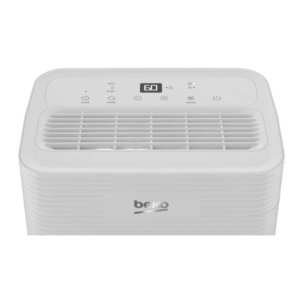 BDP016 Beko Blanc déshumidificateur compact au design minimaliste, façade lisse blanc mat, fentes supérieures discrètes, logo beko centré gris - Ítem5
