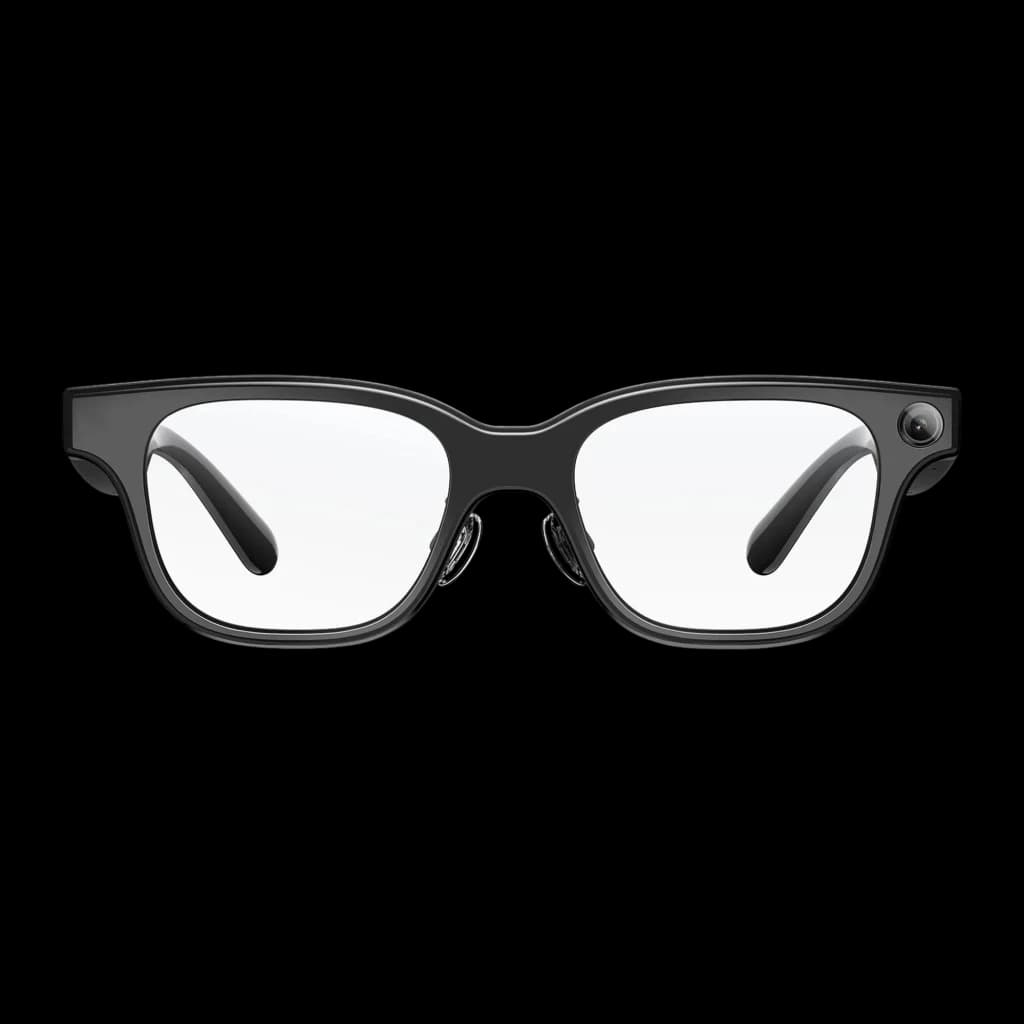 Lunettes AR noires au design rectangulaire, monture brillante, objectif 12 MP intégré à droite, branches épaisses avec haut parleurs et 4 microphones