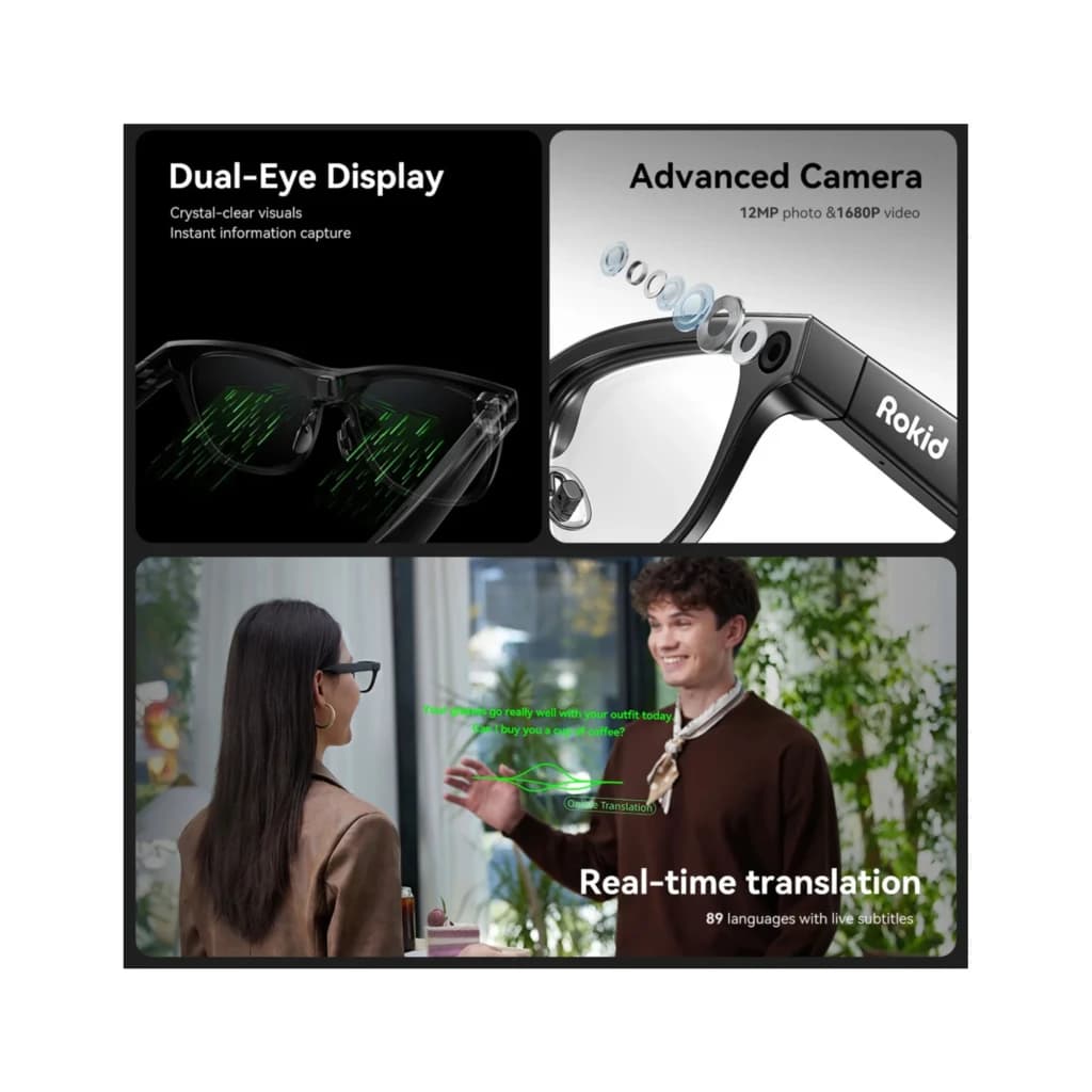 Lunettes AR Rokid noires avec double écran, caméra 12 MP, haut-parleurs intégrés et 4 micros pour sous-titres et traduction en temps réel