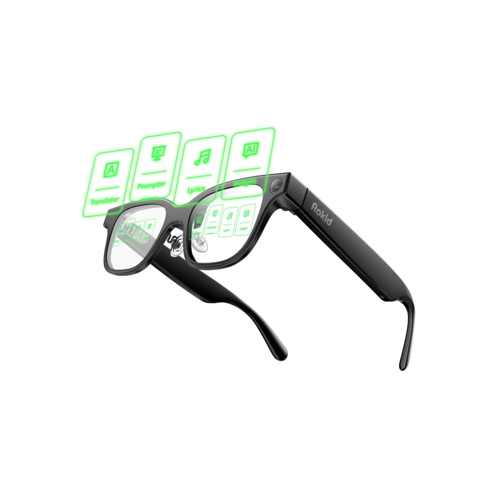 Rokid AI Glasses Negro con cámara 12MP, altavoces integrados y 4 micrófonos; montura negra elegante con patillas gruesas y lentes transparentes AR - Ítem1