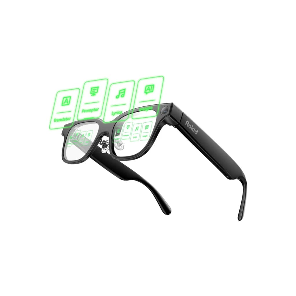 Lunettes AR Rokid noires avec verres transparents, affichage vert flottant, caméra 12 MP discrète, branches épaisses intégrant haut‑parleurs et 4 micros