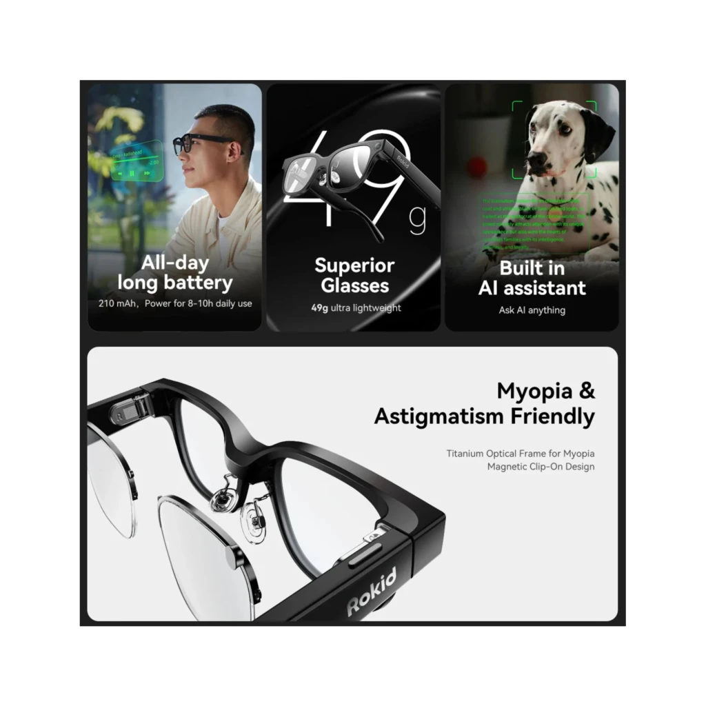 Rokid AI Glasses Negro con cámara 12MP, altavoces integrados y 4 micrófonos; montura negra elegante con patillas gruesas y lentes transparentes AR - Ítem2
