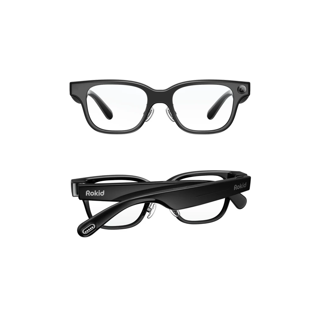 Rokid AI Glasses Negro con cámara 12MP, altavoces integrados y 4 micrófonos; montura negra elegante con patillas gruesas y lentes transparentes AR - Ítem10