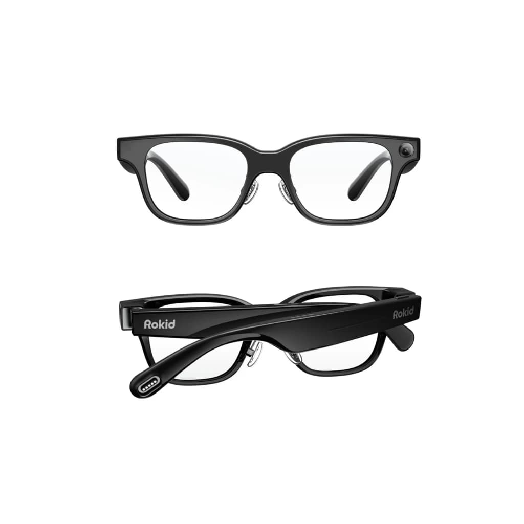 Lunettes AR Rokid noires, monture épaisse brillante, caméra 12 MP intégrée à la branche, haut‑parleurs discrets et 4 micros, branches pliables