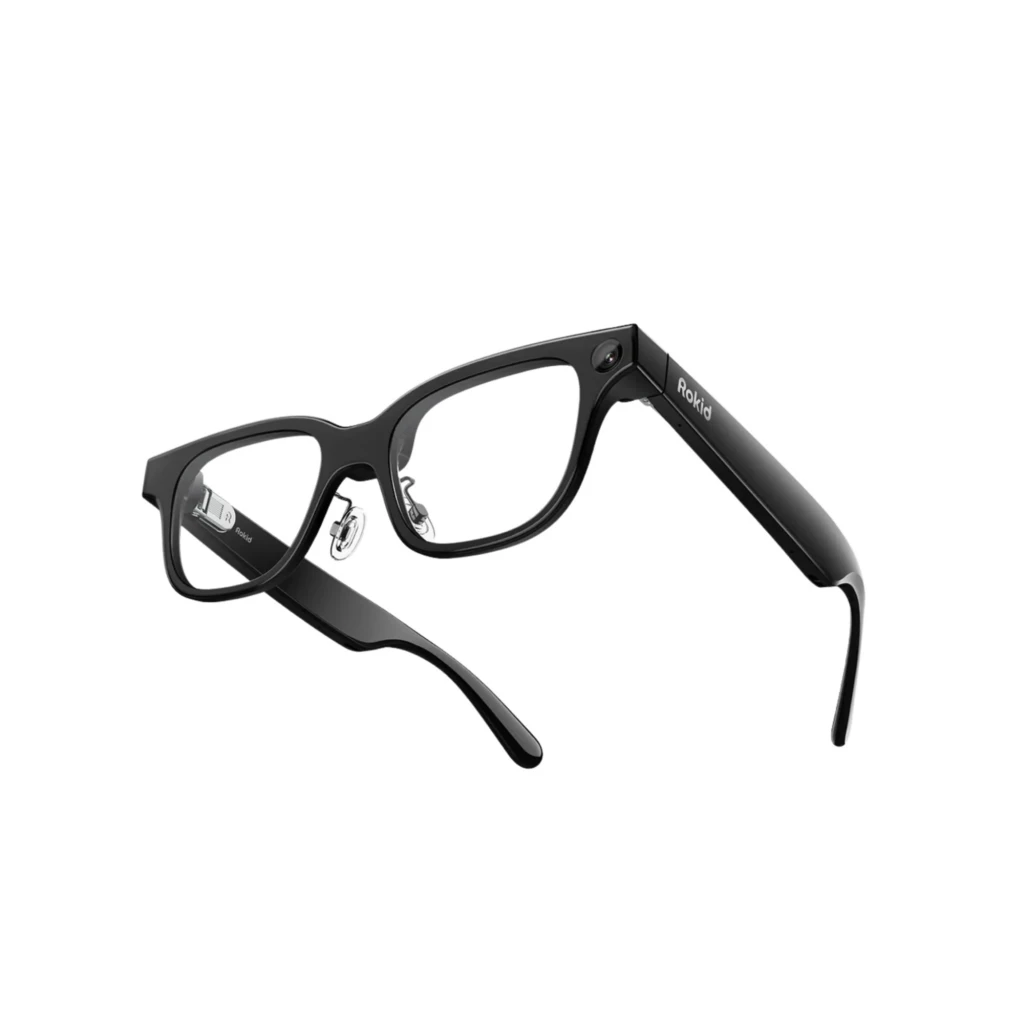 Rokid AI Glasses Negro con cámara 12MP, altavoces integrados y 4 micrófonos; montura negra elegante con patillas gruesas y lentes transparentes AR - Ítem6