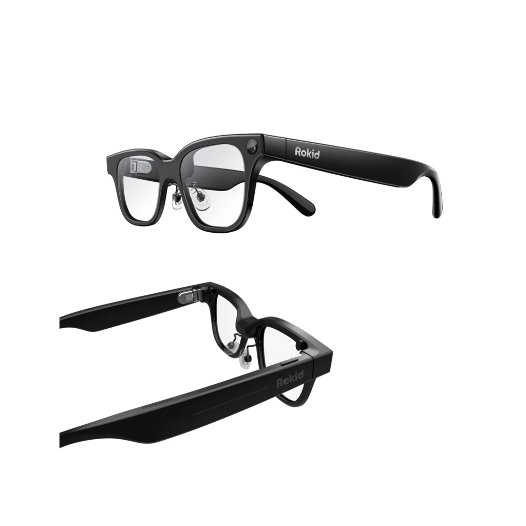Rokid AI Glasses Negro con cámara 12MP, altavoces integrados y 4 micrófonos; montura negra elegante con patillas gruesas y lentes transparentes AR - Ítem7