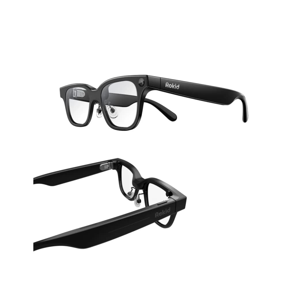 Lunettes Rokid AI noires au design épais et moderne, monture rectangulaire brillante, branches larges avec logo Rokid, pont nasal réglable et verres clairs