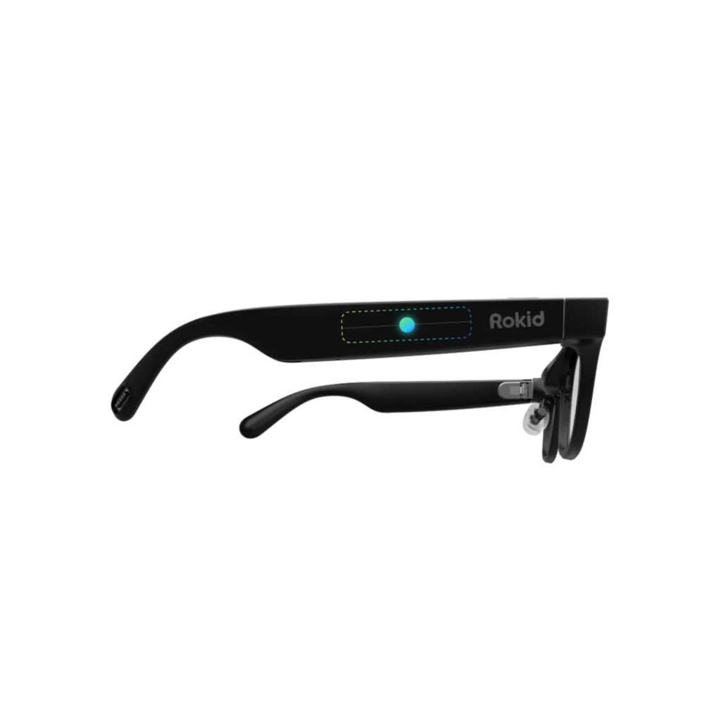 Rokid AI Glasses Negro con cámara 12MP, altavoces integrados y 4 micrófonos; montura negra elegante con patillas gruesas y lentes transparentes AR - Ítem4