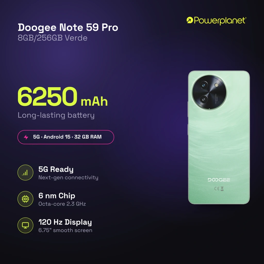 Smartphone Doogee Note 59 Pro 5G dorado con pantalla amplia, notch en gota y bordes finos. Módulo de cámara circular triple y acabado nacarado brillante. - Ítem2