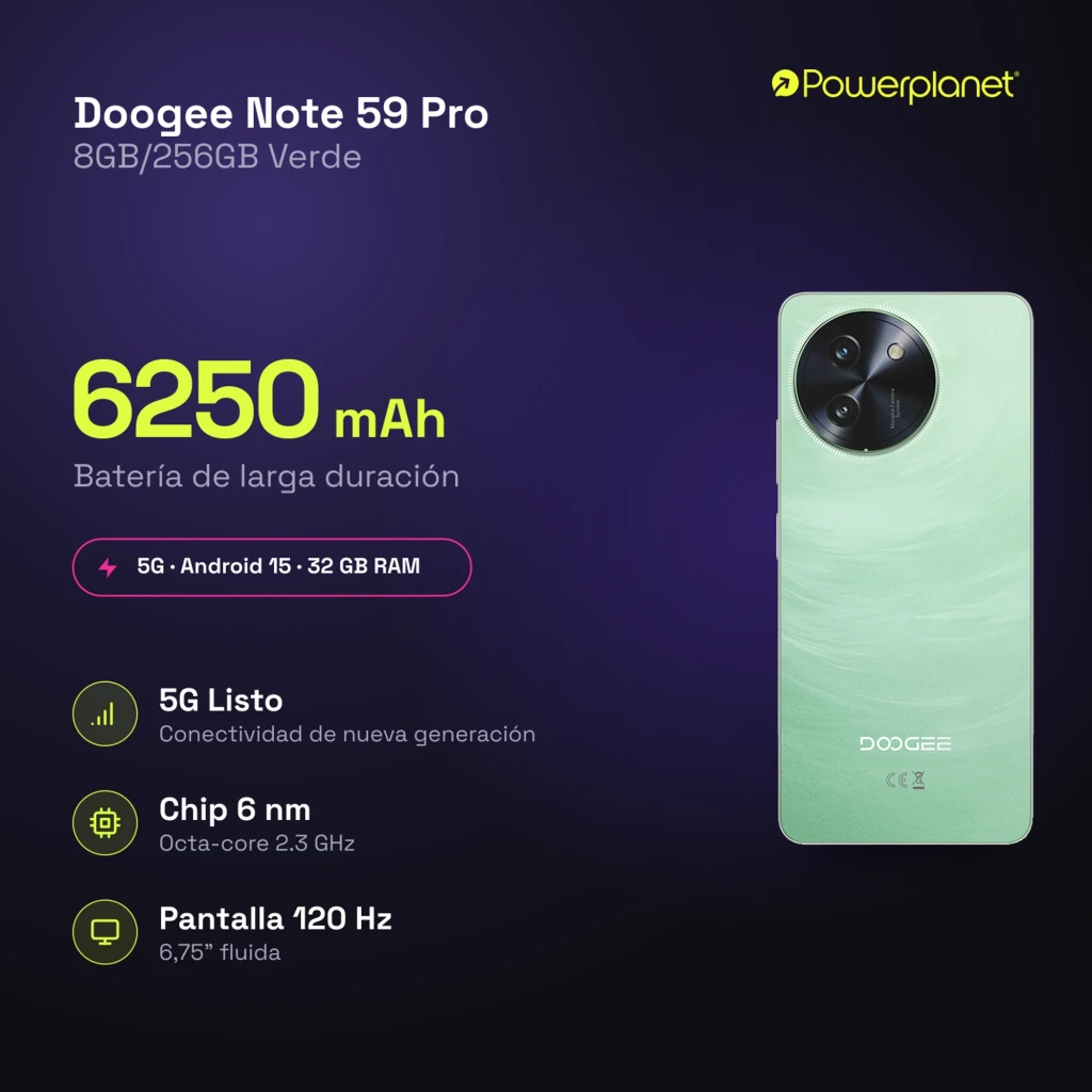 Smartphone Doogee Note 59 Pro 5G dorado con pantalla amplia, notch en gota y bordes finos. Módulo de cámara circular triple y acabado nacarado brillante. - Ítem1