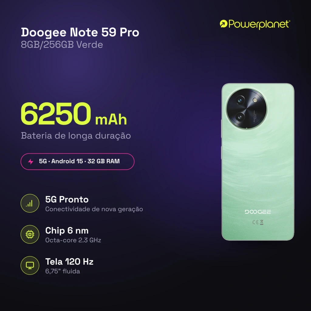 Smartphone Doogee Note 59 Pro 5G dorado con pantalla amplia, notch en gota y bordes finos. Módulo de cámara circular triple y acabado nacarado brillante. - Ítem4