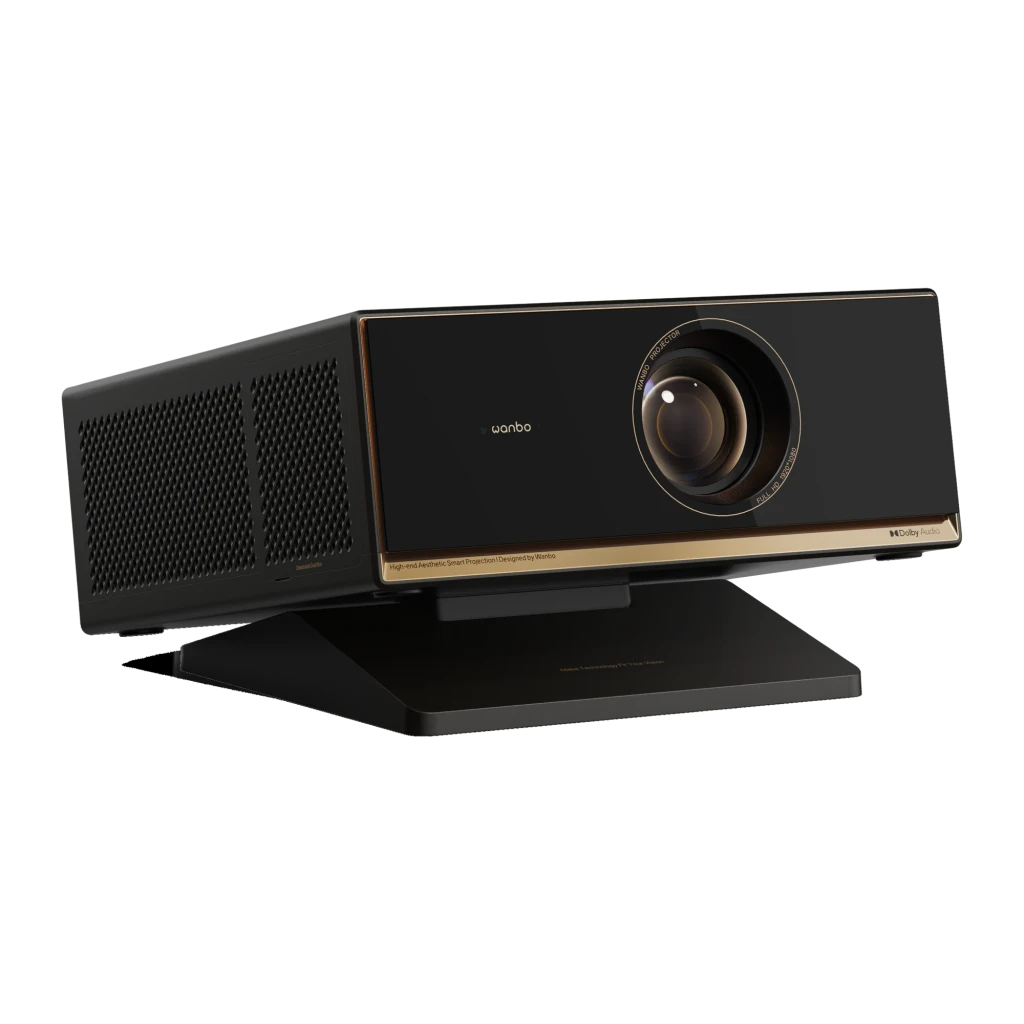 Projecteur Wanbo X7 Pro Max 1080p Full HD, boîtier noir élégant avec liseré doré, large lentille frontale, ventilation latérale, base inclinable stable - Ítem1