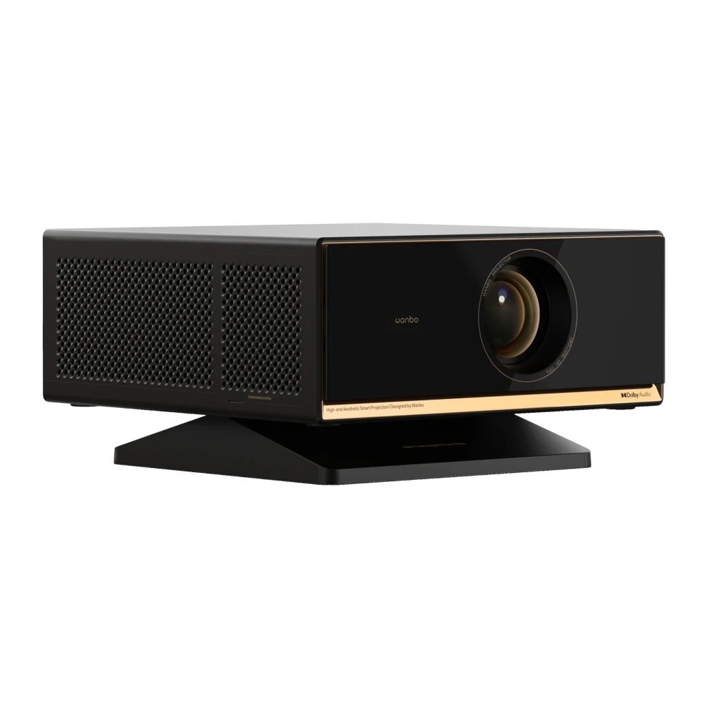 Projecteur Wanbo X7 Pro Max 1080p Full HD, boîtier noir élégant avec liseré doré, large lentille frontale, ventilation latérale, base inclinable stable - Ítem3