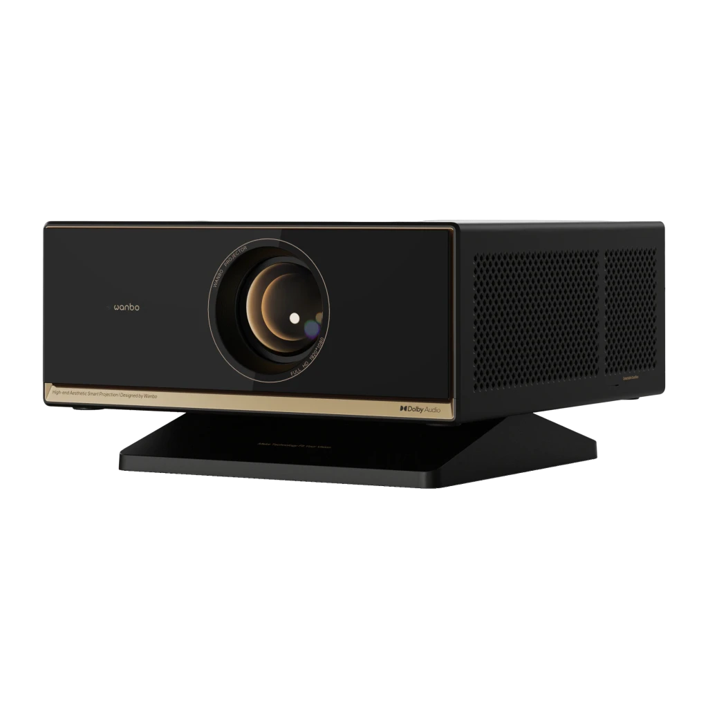 Projecteur Wanbo X7 Pro Max 1080p Full HD, boîtier noir élégant avec liseré doré, large lentille frontale, ventilation latérale, base inclinable stable - Ítem2