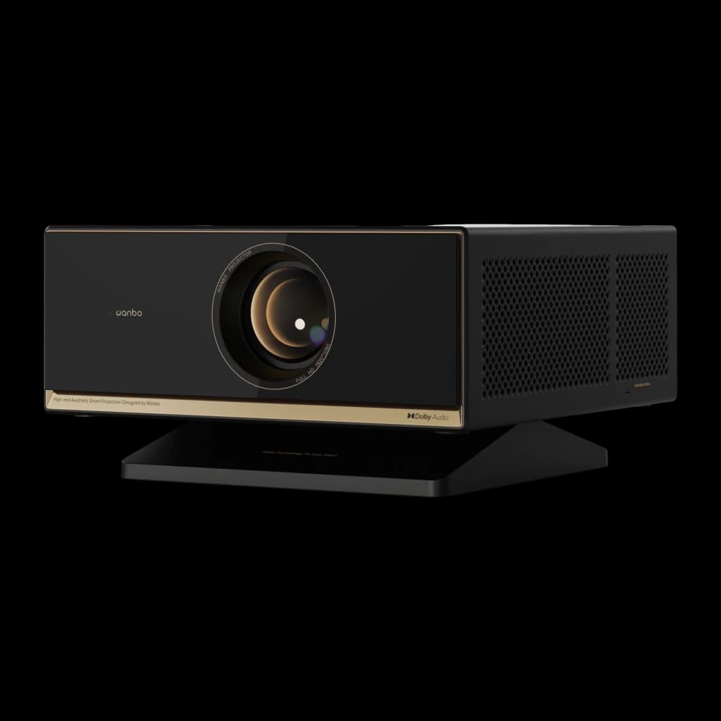 Proyector Wanbo X7 Pro Max negro con acentos dorados, lente frontal grande, panel lateral con rejillas de ventilación y base estable; diseño premium compacto