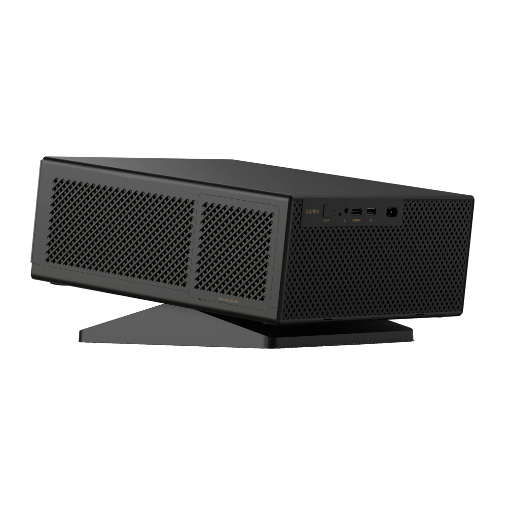 Projecteur Wanbo X7 Pro Max 1080p Full HD, boîtier noir élégant avec liseré doré, large lentille frontale, ventilation latérale, base inclinable stable - Ítem6