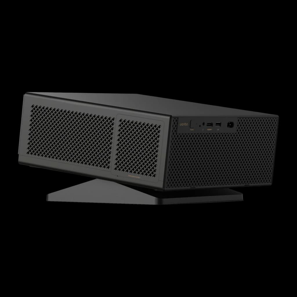 Proyector Wanbo X7 Pro Max negro con cuerpo rectangular, rejillas metálicas frontales y laterales, base inclinada, puertos USB y HDMI visibles en el panel