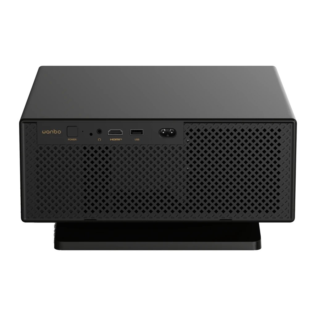 Projecteur Wanbo X7 Pro Max 1080p Full HD, boîtier noir élégant avec liseré doré, large lentille frontale, ventilation latérale, base inclinable stable - Ítem5