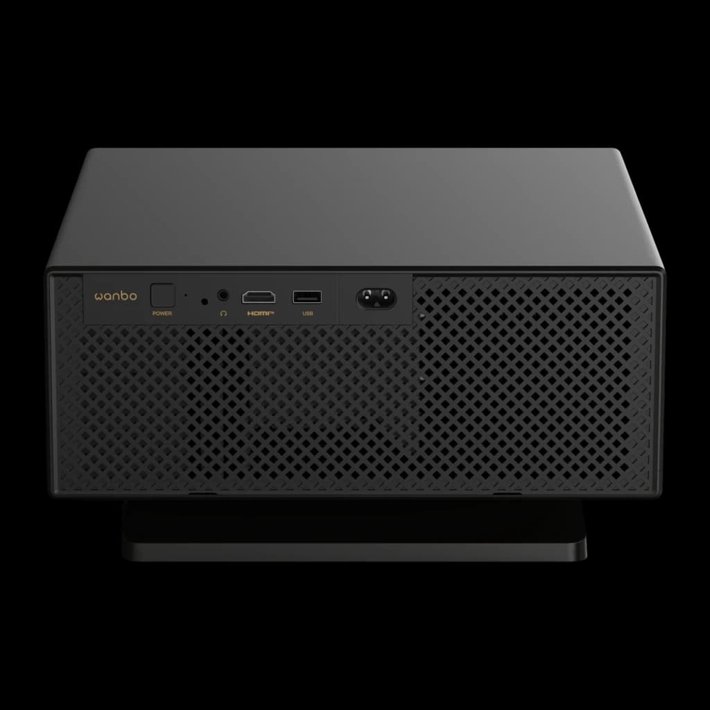 Proyector Wanbo X7 Pro Max 1080p Full HD, frontal negro con rejilla perforada, puertos HDMI y USB visibles, botón de encendido y diseño compacto elegante