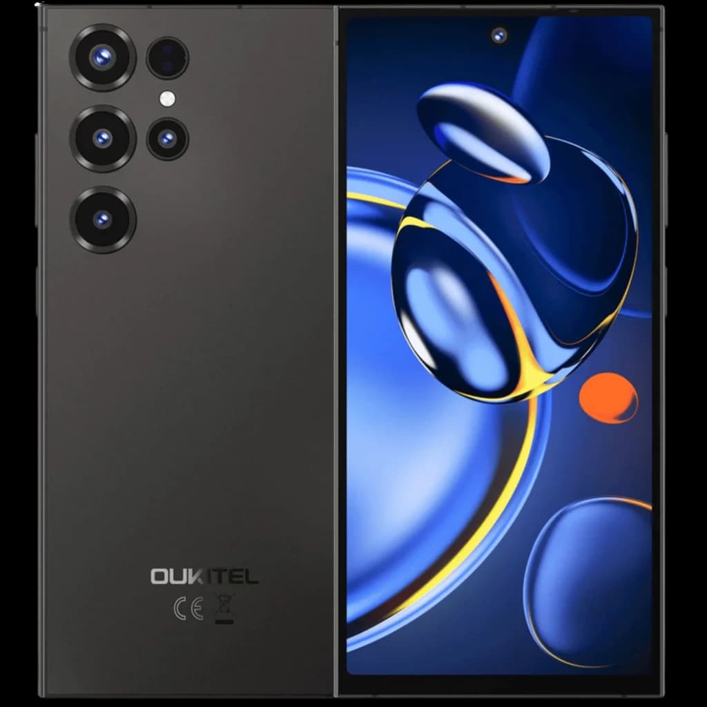 Oukitel C67 Preto com tela ampla quase sem bordas e furo central para câmera, módulo traseiro com cinco lentes salientes e acabamento fosco elegante