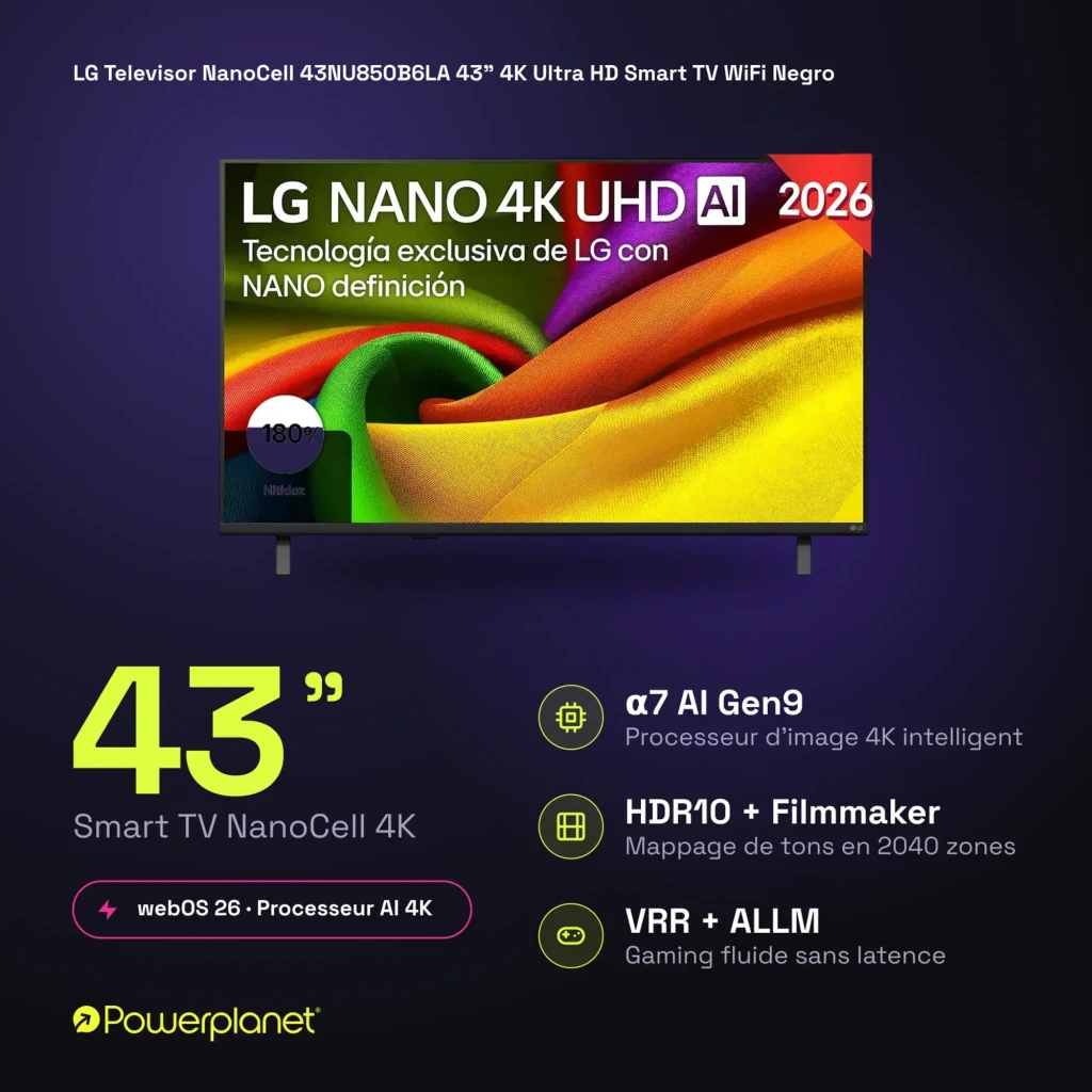 LG NanoCell 43NU850B6LA preto 43 polegadas 4K UHD AI tela fina bordas estreitas cores vivas alto contraste selo 2026 escrito no painel frontal - Item3