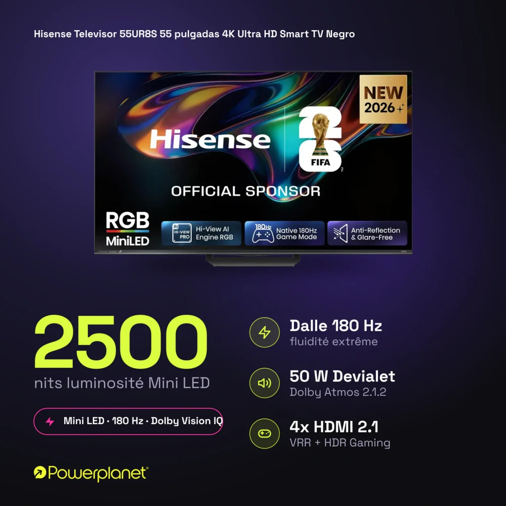 Tela do Televisor Hisense 55UR8S Mini LED 55 pol com moldura fina, logo FIFA, selos RGB, 180Hz, HDMI 2.1, anti-reflexo e modos de jogo destacados - Item8