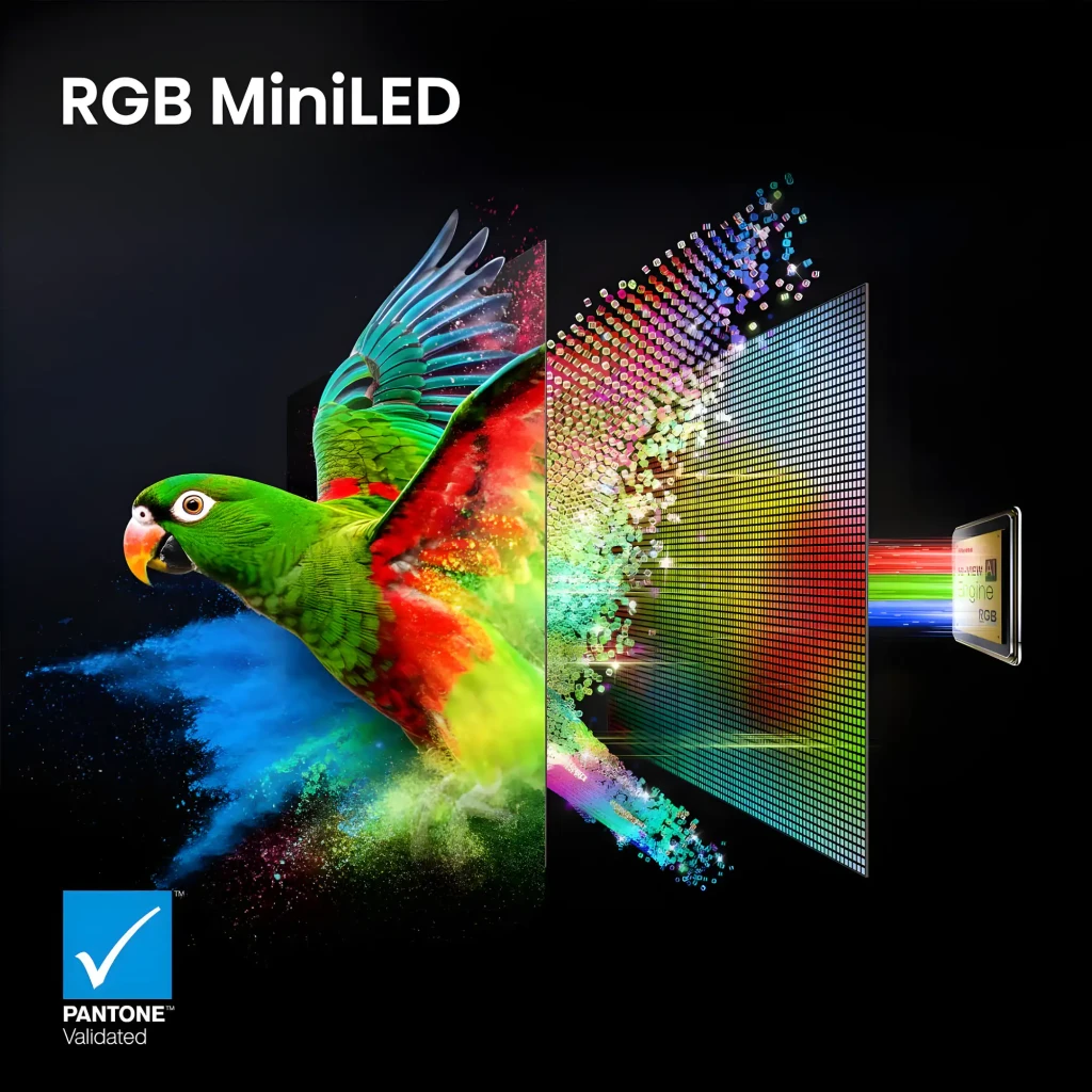 Tela do Televisor Hisense 55UR8S Mini LED 55 pol com moldura fina, logo FIFA, selos RGB, 180Hz, HDMI 2.1, anti-reflexo e modos de jogo destacados - Item14