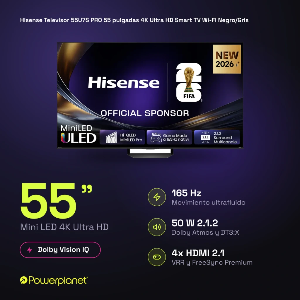 Televisor Hisense 55U7S PRO Mini LED 55 pulgadas 4K con panel ULED, logo FIFA 2026, modo juego 165 Hz, soporte central metálico y marco delgado negro - Ítem4
