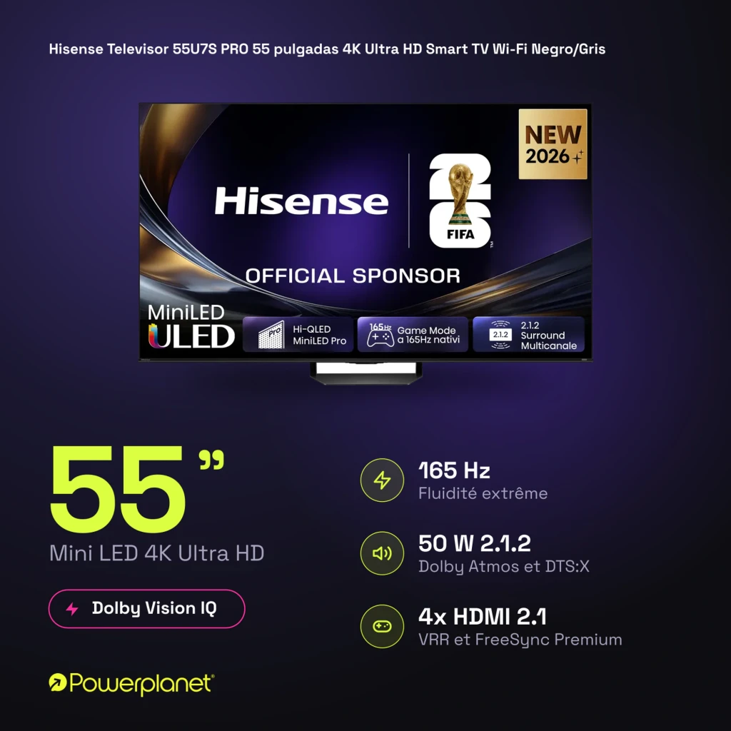 Televisor Hisense 55U7S PRO Mini LED 55 pulgadas 4K con panel ULED, logo FIFA 2026, modo juego 165 Hz, soporte central metálico y marco delgado negro - Ítem2