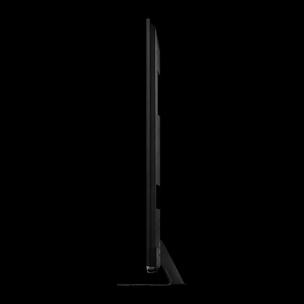 Perfil lateral do Televisor Hisense 85U7S PRO Mini LED 85 pol, ultrafino, moldura discreta e base metálica robusta, tela 4K com acabamento antirreflexo