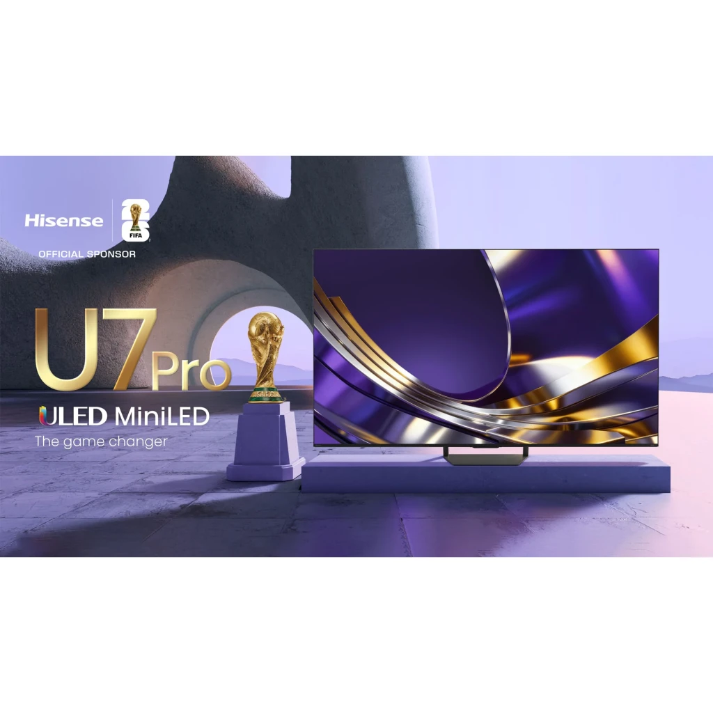 Televisor Hisense 75U7S PRO Mini LED 75 pulgadas 4K con panel ULED, logo FIFA 2026, modo juego 165 Hz, soporte central metálico y marco delgado negro - Ítem2