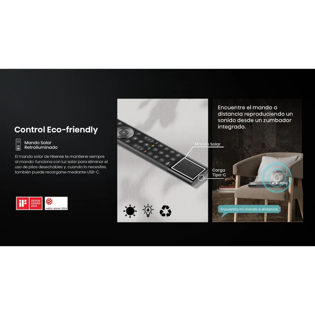 Controle remoto solar Hisense com painel fotovoltaico, recarga USB-C, botões retroiluminados e localizador sonoro; design fino em preto sobre mesa de madeira