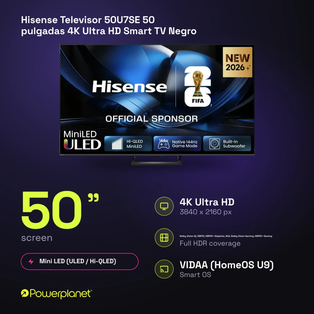 Televisor Hisense 50U7SE 50 polegadas com painel Mini LED ULED, 4K, taxa nativa 144Hz, modo gamer e subwoofer integrado; design fino com moldura estreita - Item4