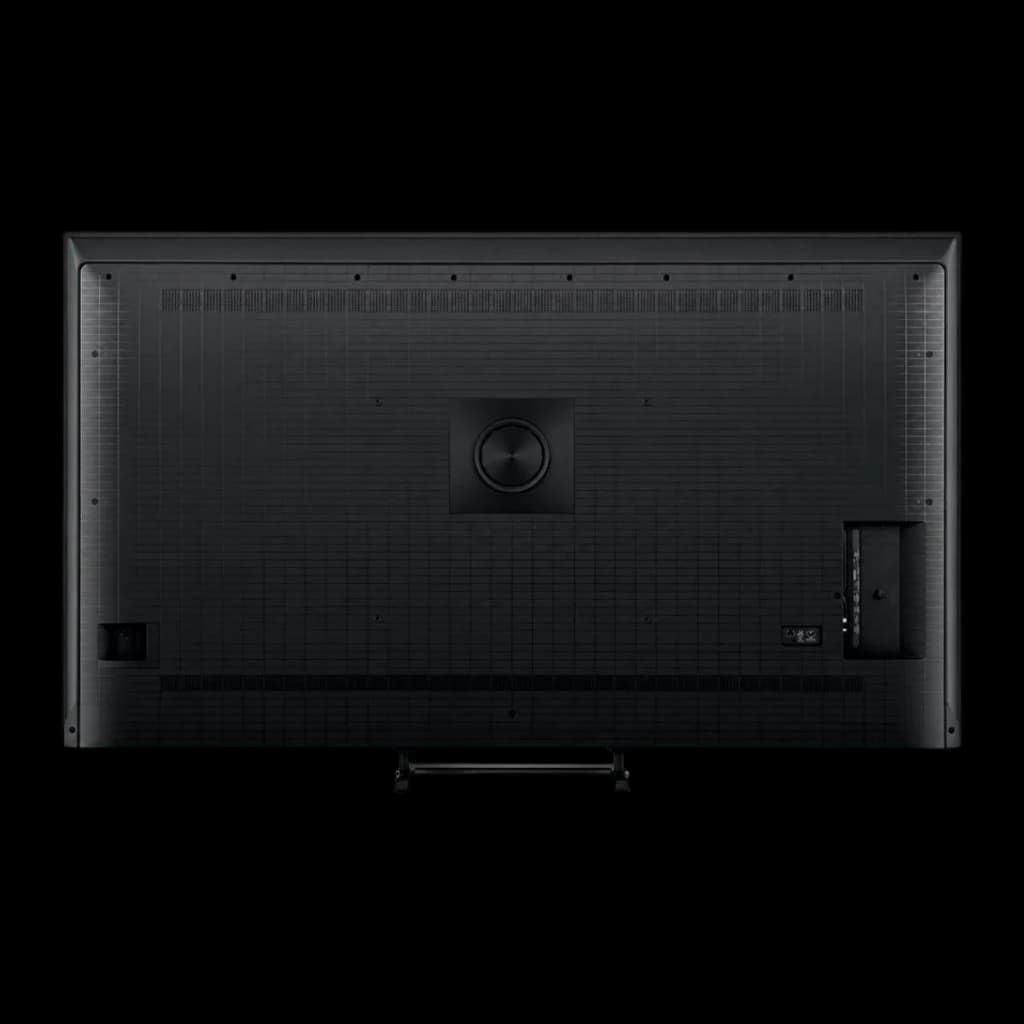 Parte trasera del Televisor Hisense 65U7SE 65 pulgadas: panel negro con puertos laterales, rejillas de ventilación y soporte central desmontable