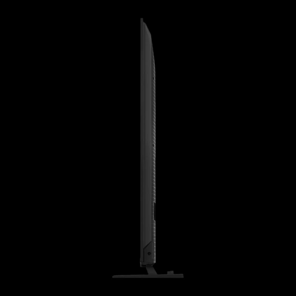 Perfil lateral del Televisor Hisense 65U7SE 65 pulgadas con diseño ultradelgado, marco negro minimalista y base estable; puertos traseros accesibles.